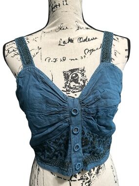 Vintage Fabulous Embroidered Cami Crop Top Blue Smocked Boho Cottagecore OS